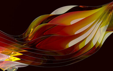 Iridescent paper or glass 3d rendering background with waves and curves. Dynamic wallpaper