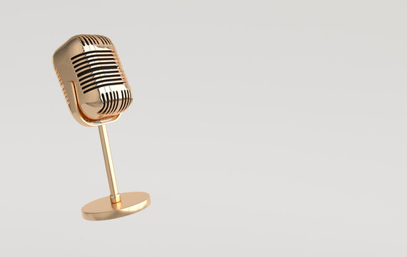 Retro concert or radio microphone realistic 3d render. Golden mike on white background