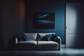 interior of a light room with a sofa against an empty, dark blue wall,. Generative AI