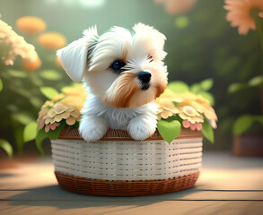 An adorable white puppy in a basket in the spring season. Generative Ai.