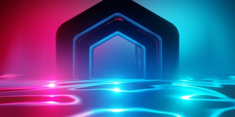 Fototapeta premium gaming background abstract wallpaper, cyberpunk style scifi game, neon glow of stage scene in pedestal display room, 3d illustration rendering, esports team concept
