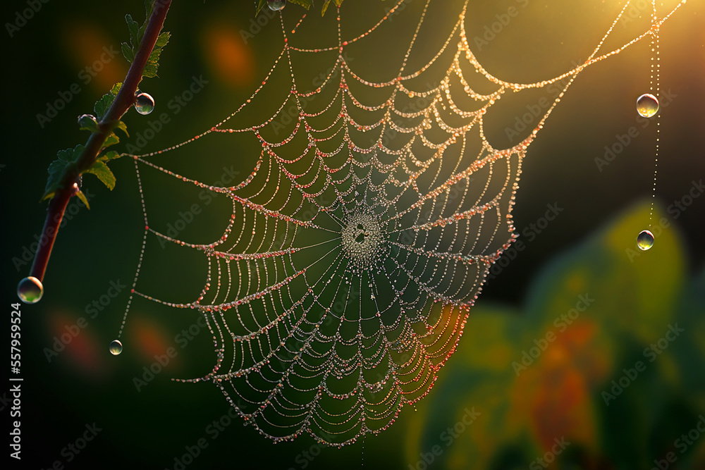 Wall mural spider web with dew drops in the morning. generative ai