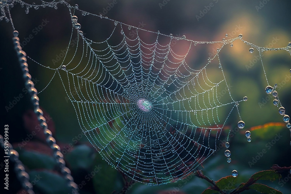 Wall mural spider web with dew drops in the morning. generative ai