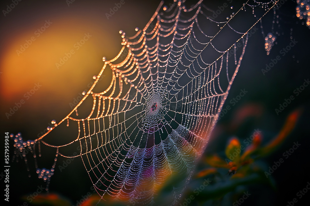 Wall mural spider web with dew drops in the morning. generative ai
