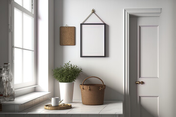 A chic kitchen's interior design includes a tiny table with a mock up frame, a straw box, and a notebook. White walls in a minimal interior. Generative AI