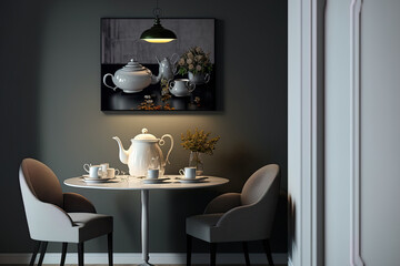 Elegant dining room interior with black seats, a teapot and mug, mock up paintings on the wall, and other contemporary home decor accents. Template. Generative AI