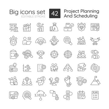 Project planning and scheduling linear icons set. Business development. Corporate strategy building. Thin line illustration. Contour symbol. Vector outline drawing. Editable stroke