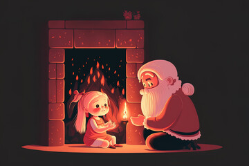 Children's Character Sitting on Santa's knees in front of a blazing fireplace, whispering sweet nothings into his ear, she reveals the gift she would want to receive over the holiday season. Linear Ve