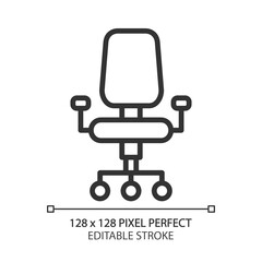 Office chair pixel perfect linear icon. Adjustable stool. Ergonomic sitting. Modern contemporary home furniture store. Thin line illustration. Contour symbol. Vector outline drawing. Editable stroke