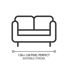 Loveseat pixel perfect linear icon. Small sofa for living room. Two-seat chair. Contemporary home furniture store. Thin line illustration. Contour symbol. Vector outline drawing. Editable stroke