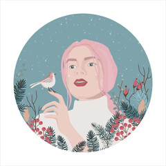 Young beautiful caucasian girl with a bird in her hand. Winter vector illustration with spruce branches and portraits of woman. Circle avatar of woman.