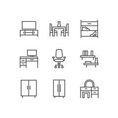 Contemporary furniture for apartment pixel perfect linear icons set. Living room and office space. Homeware. Customizable thin line symbols. Isolated vector outline illustrations. Editable stroke