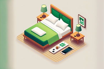 A side view, floor level angle, and perspective view in art White pillow, a double bed side lamp, a smartphone, a green blanket, and wood. Generative AI