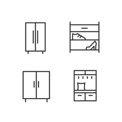 Furniture for clothes and shoes storage pixel perfect linear icons set. Storage cabinet. Shoe rack. Wardrobe. Customizable thin line symbols. Isolated vector outline illustrations. Editable stroke