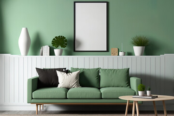 Mockup of a wall in a contemporary living room with simple furnishings and wooden home accents on a green background. Generative AI