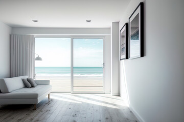 In a luxurious beach house with a wooden floor and an empty white wall as the backdrop, the living room has a sea view. Generative AI