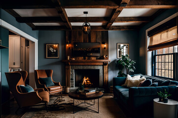 a living room with a fireplace and a rustic wood beam ceiling