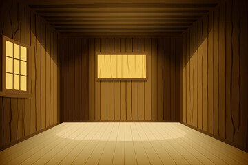 wooden walls, ceiling, and floor in an empty room. Game background featuring a textured cartoon wood box. 2D illustration of an abstract interior of a barn, farm, or ranch with brown or yellow