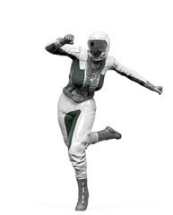 cosmonaut girl is running like a comic hero on white background