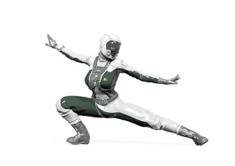 Fototapeta na wymiar cosmonaut girl is doing a kung fu fighter pose on white background