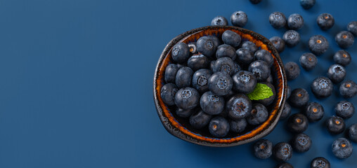 Ripe blueberries in a bowl over blue background. Summer sweet wild berries. Tasty blueberry as vitamin vegetarian dessert and healty vegan snack. Detox diet ingredient. Copy space.