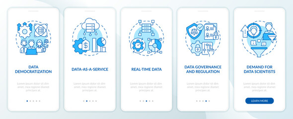 Data science trends blue onboarding mobile app screen. Development walkthrough 5 steps editable graphic instructions with linear concepts. UI, UX, GUI template. Myriad Pro-Bold, Regular fonts used