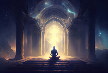 Esoteric spiritual meditation concept, man or woman meditating in lotos position