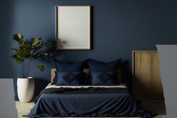 Mockup of a house with a warm, dark blue bedroom décor. Generative AI