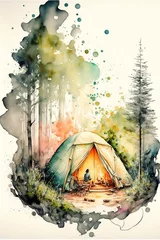 Zelfklevend Fotobehang Do you like outdoors ? Watercolors painting of a camping tent in the forest. © Yann
