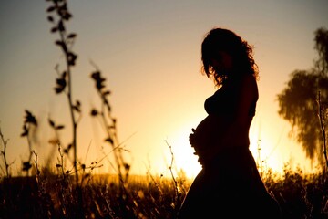 Silueta de mujer embarazada al atardecer