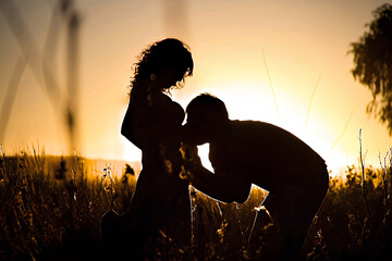 Silhouette of happy pregnant couple at sunset in backlighting 