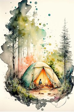 Premium Photo  Watercolor camping forest teapot