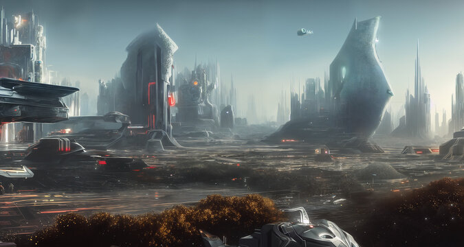 Future scifi city on hightech planet, generative AI illustration