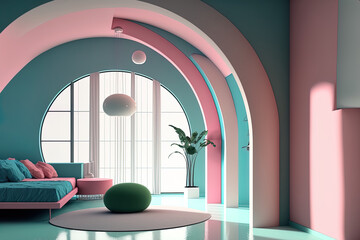 design of an abstract room. Architectural features in the living room and bedroom include a circular arc, a round aperture, and a concrete floor. Generative AI