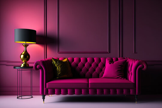 Background Of The Room Is A Vibrant Magenta. A Contemporary Room With Accent Furnishings Like A Table And Couch. Mockup Of An Empty Wall. Beautiful, Deep Toned Crimson Sofa. Living Space With A Minima