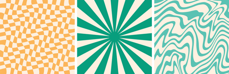 70s Groovy Abstract Sunburst, Swirl, Checkerboard Vector Set Illustration