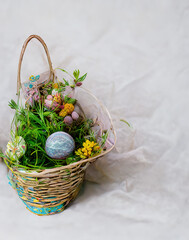 Fototapeta na wymiar Happy Easter. Basket with easter eggs. Easter greeting background.
