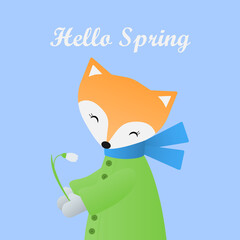 Cute fox with a flower. Spring postcard. Hello Spring.