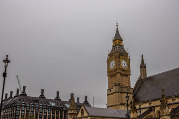 The tower bell called Big Ben on a rainy day in London, England