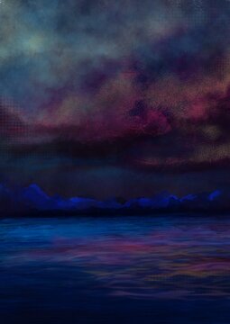 digital painting — night landscape on the sea