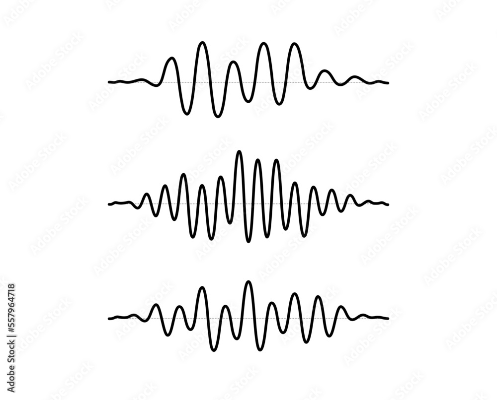Poster Sinusoid signal set. Black curve sound wave collection. Voice or music audio concept. Pulsating lines. Electronic radio graphics. 