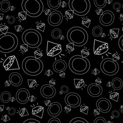 Vector. Seamless love pattern with hand drawn outline engagement ring and diamond. Sketch in cartoon style. Graphic print for postcards, invitations, textiles, packaging for Valentine's Day.