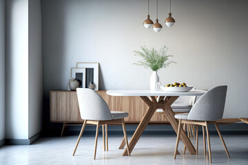 Fototapeta na wymiar Stylish dining room interior design with a wooden family table, contemporary seats, plate with nuts, and salt and pepper shakers. concrete surface. blank wall. Template. Generative AI