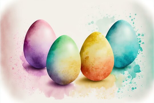 a watercolor painting of four colorful eggs on a white background with a splash of paint on the bottom of the egg