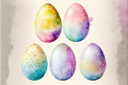 a watercolor painting of four colorful eggs on a white background with a splash of paint on the bottom of the egg