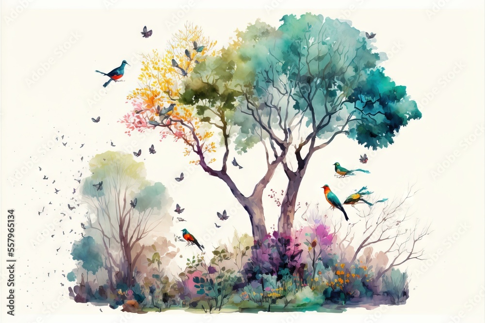 Wall mural a painting of a bird flying over a forest filled with trees and birds flying over the trees in the b