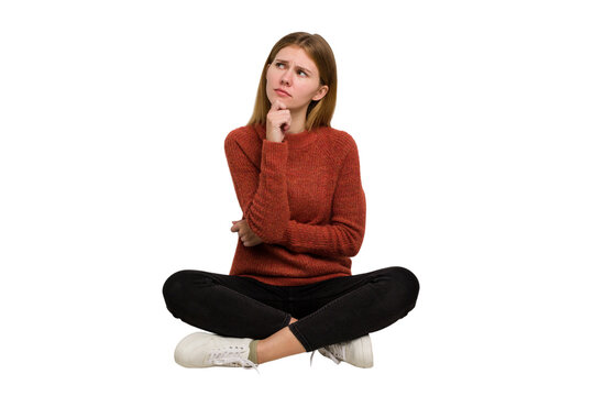 Young Caucasian Woman Sitting On The Floor Cutout Isolated
