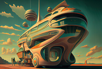 Retro futurism, vintage fancy transport concept illustration