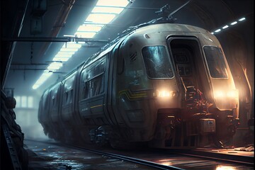 Futuristic and post-apocalyptic subway train. Generative AI