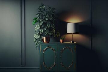In front of a background wall, a cabinet with a plant and a lamp (). Generative AI